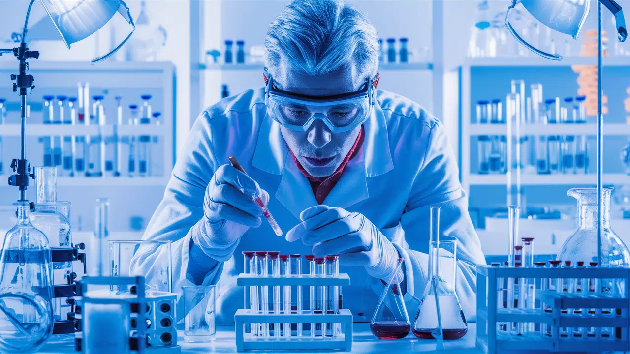 A meticulously detailed photo of a scientist engrossed in a chemical experiment to create a peeling solution